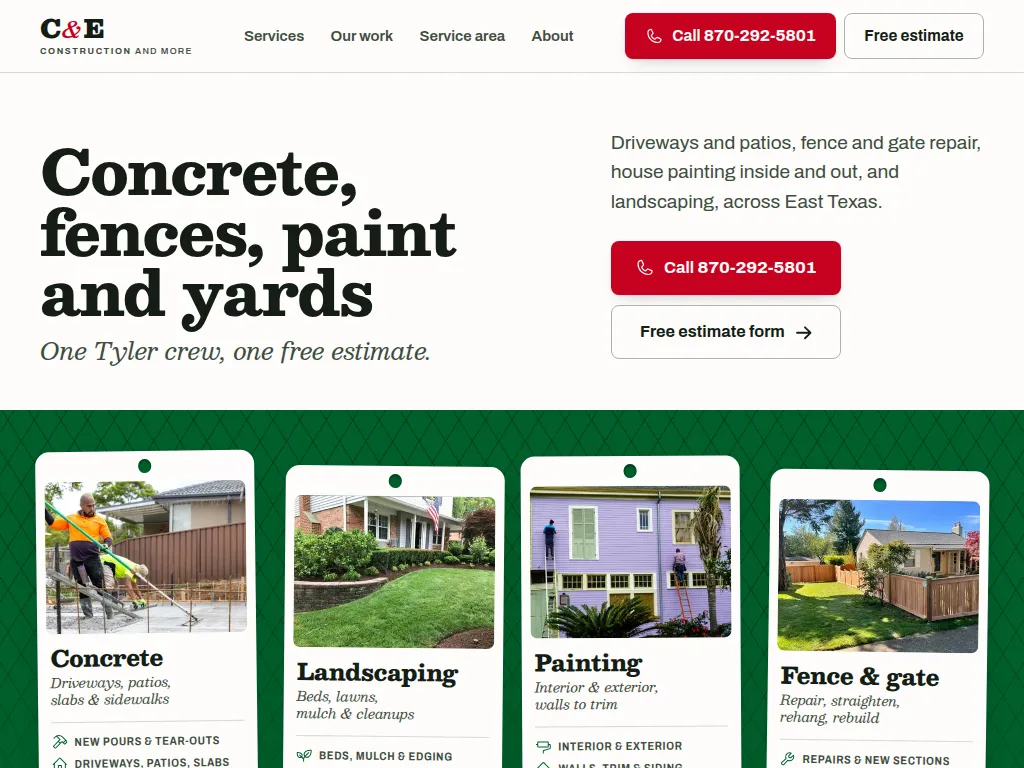 C & E Construction home page at 1024 pixels wide