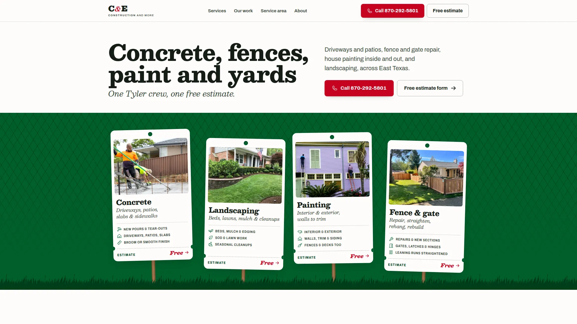 C & E Construction home page at 1920 pixels wide