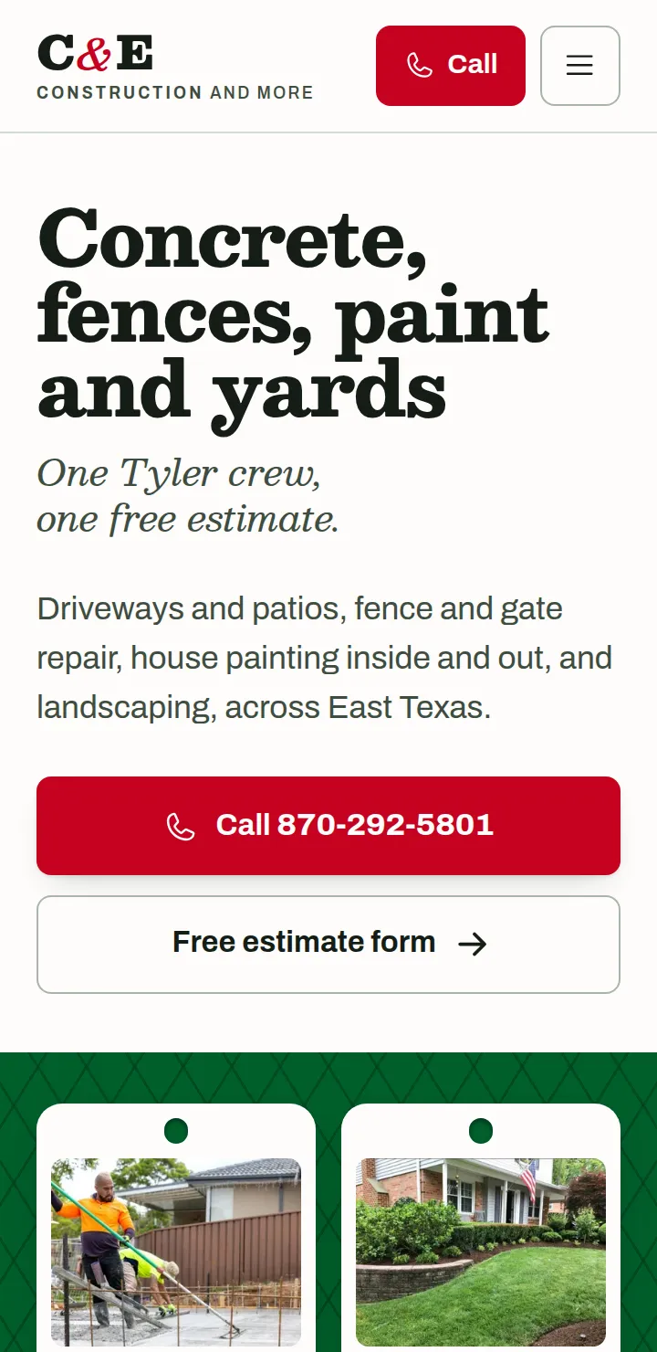 C & E Construction home page at 360 pixels wide