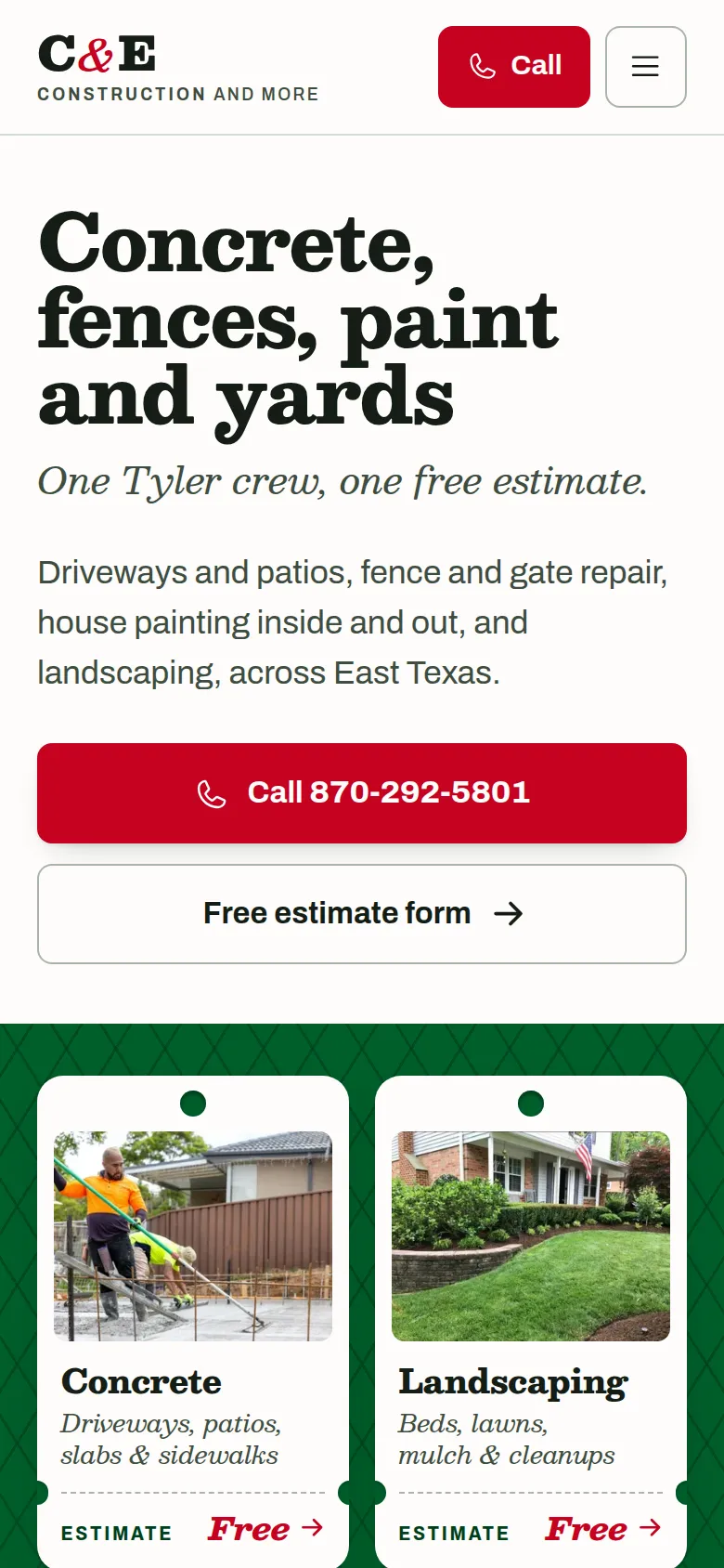 C & E Construction home page at 390 pixels wide