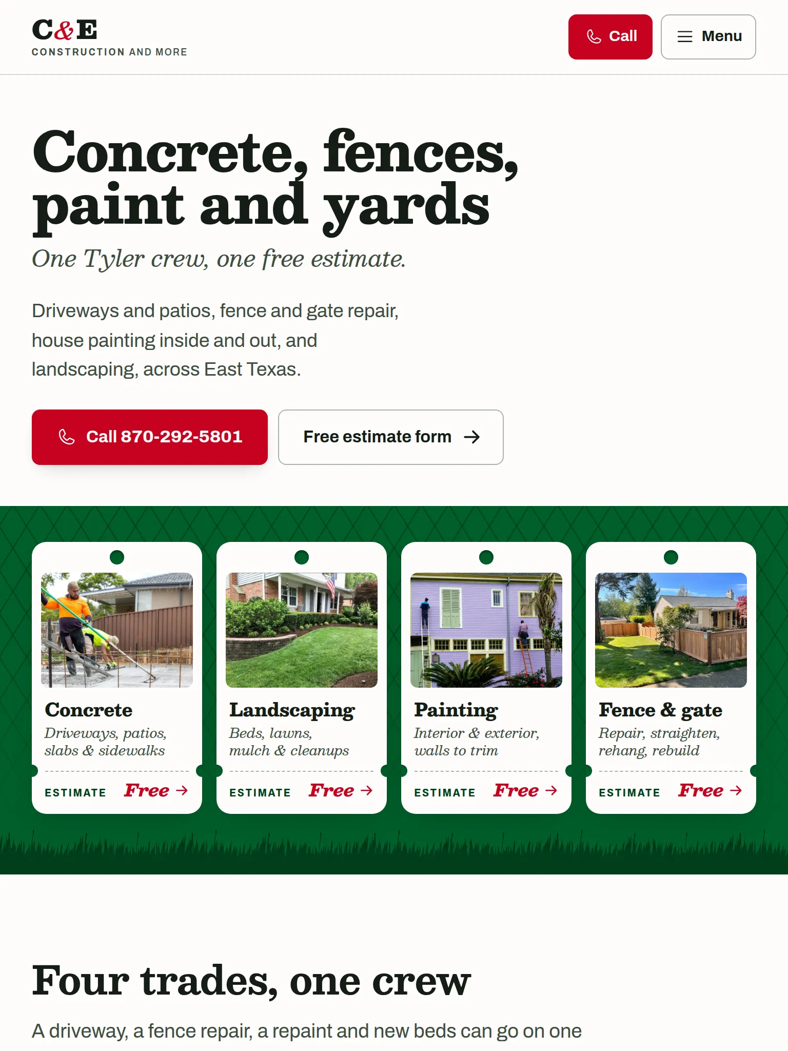 C & E Construction home page at 768 pixels wide