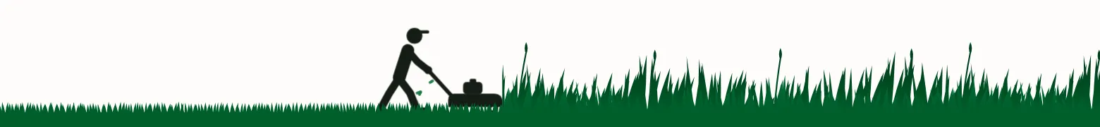 Close-up of the C & E site: the lawn edge with the mowing crew, drawn blade by blade