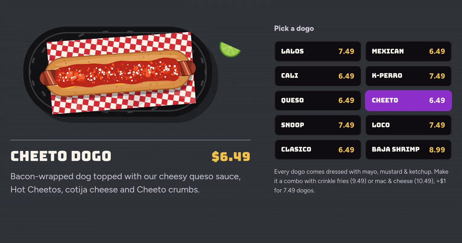 Close-up of the Lalo’s site: the dogo counter with the Cheeto Dogo drawn in its basket, its price, and the other nine dogos to pick from