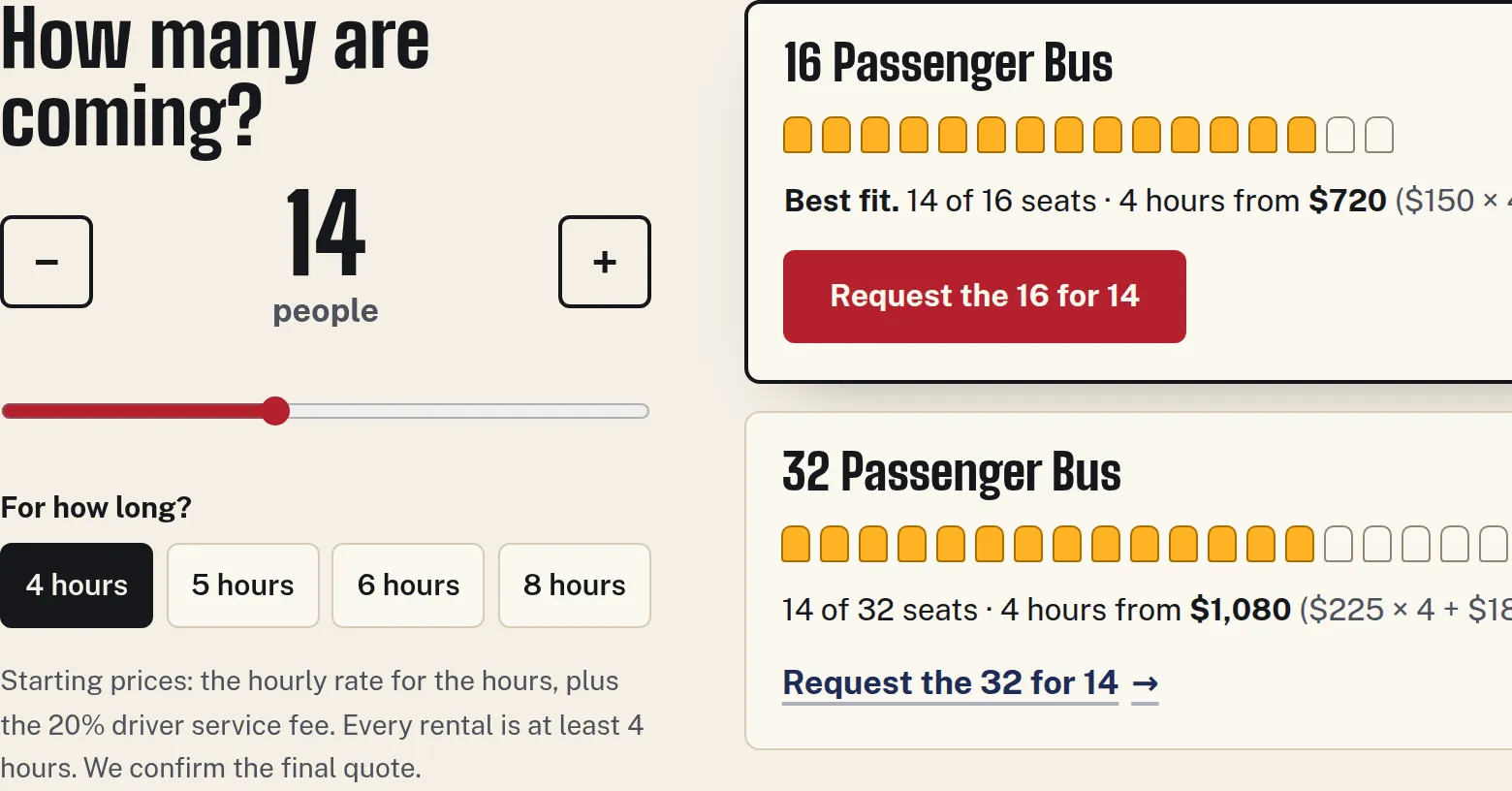 Close-up of the Go2Guy Party Bus site: the seat picker filling the 16-seat bus for a group of 14, with its starting price