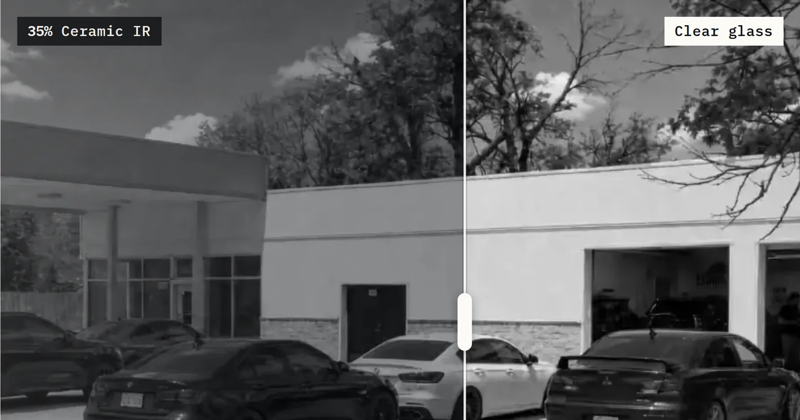 Close-up of the Shade Customs home page: 3M film being laid across the shop front, clear glass to the right of the line